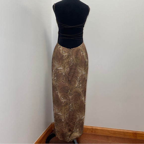 NEW! Mirror Palais- S&M PAISLEY-PRINT COWL-NECK SILK MIDI DRESS Brown Size M - Picture 11 of 14